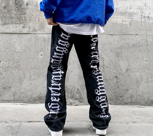 Trousers with inscriptions on the legs